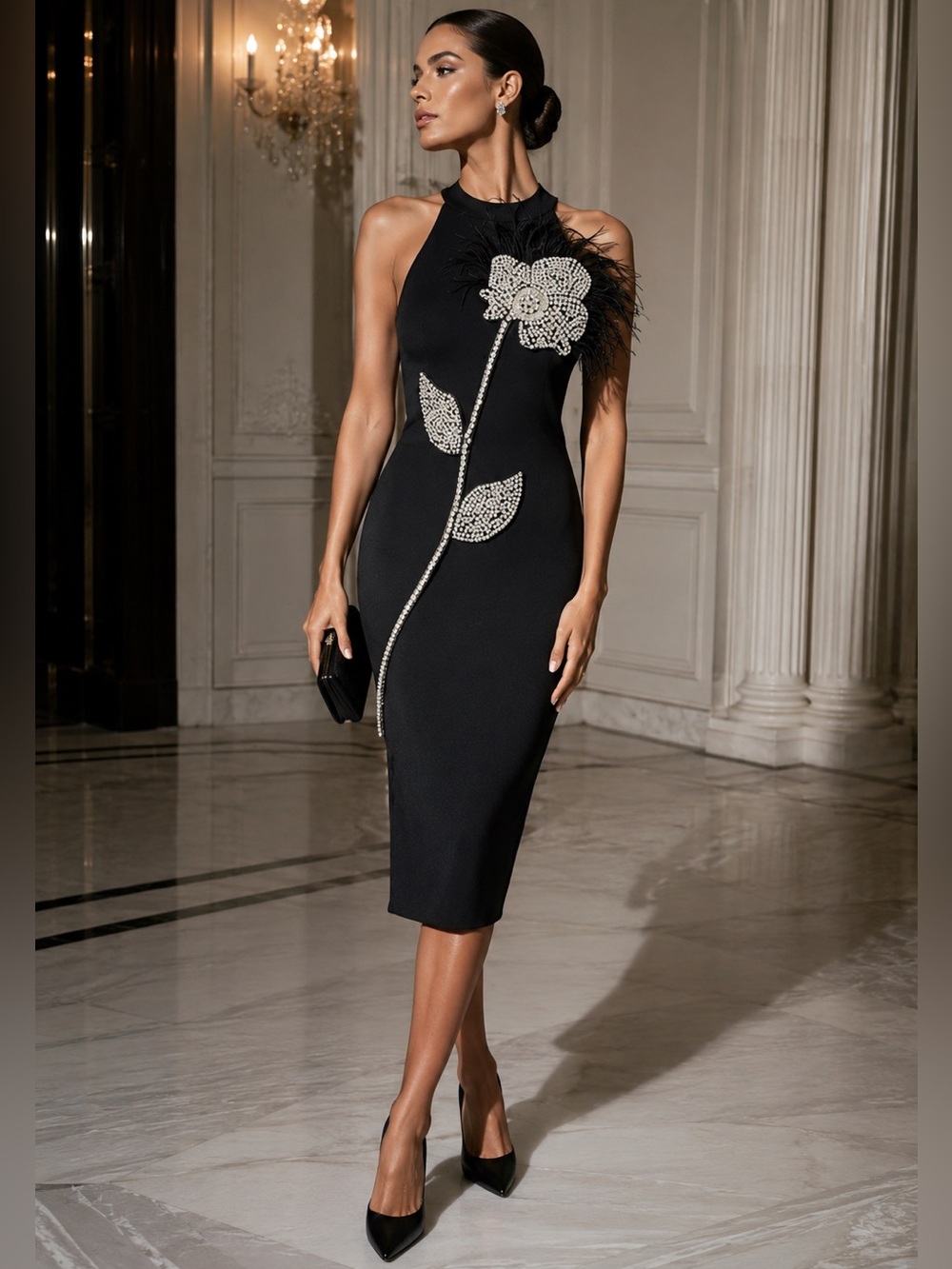 NWT Black Luxury Crystal Floral Couture Bandage Feather Accent Midi Dress Medium